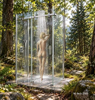 Frau unter Dusche im Wald