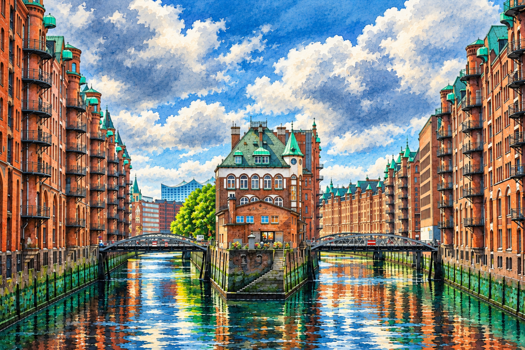Speicherstadt mit Fleet und Wasserspeigelungen